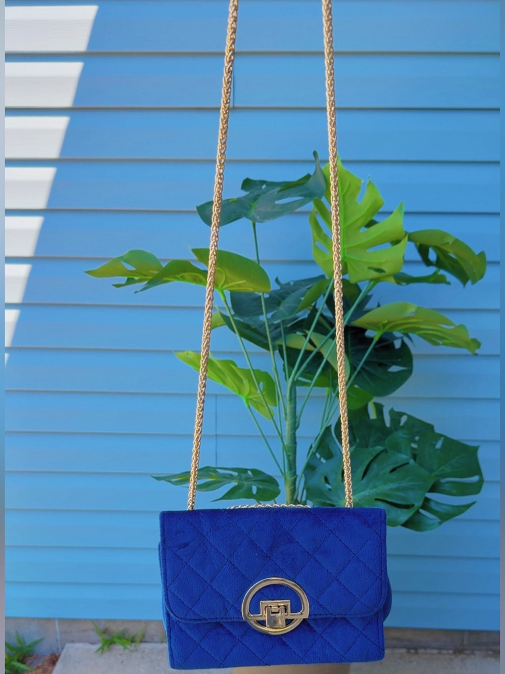 Royal Blue Quilted Crossbody Bag with Gold Chain Strap